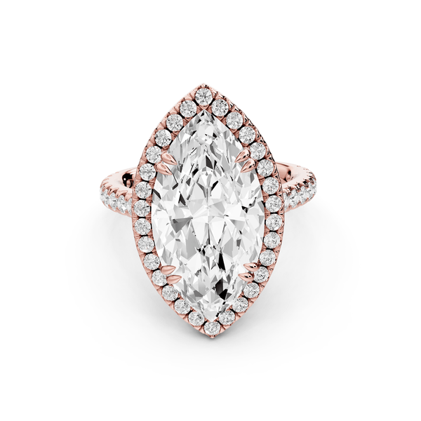 Marcella - 5ct 14k rose gold marquise halo double talon prong cathedral pavé engagement ring - Mr. Alex Jewelry