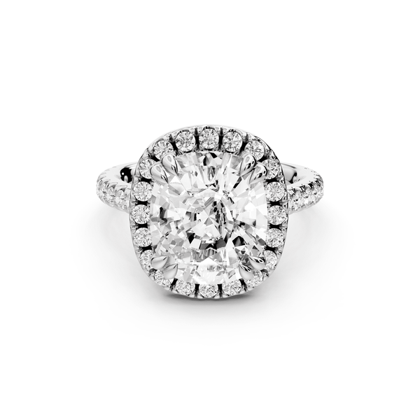 Marcella - 5ct 14k white gold ecushion halo double talon prong cathedral pavé engagement ring - Mr. Alex Jewelry