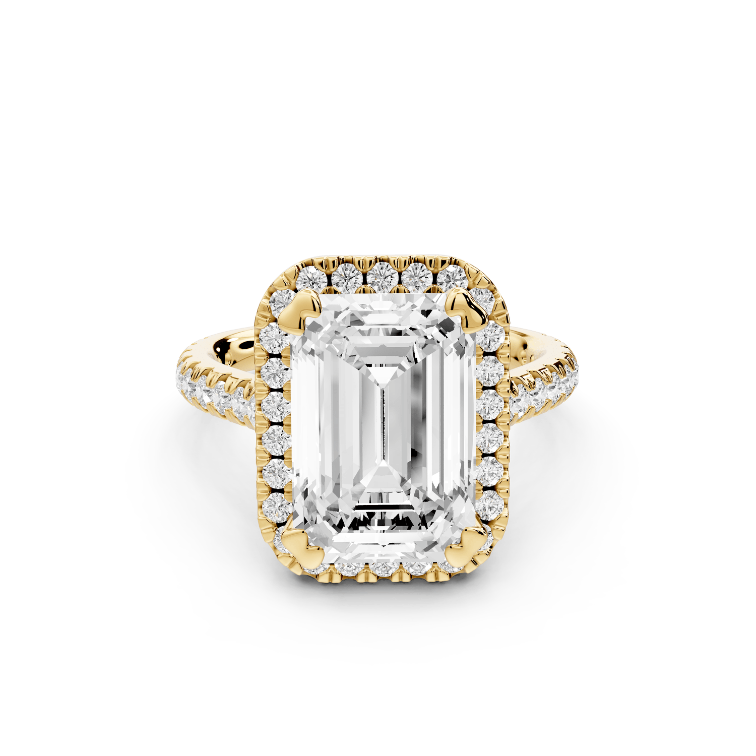 Marcella - 5ct 14k yellow gold emerald halo double talon prong cathedral pavé engagament ring - Mr. Alex Jewelry