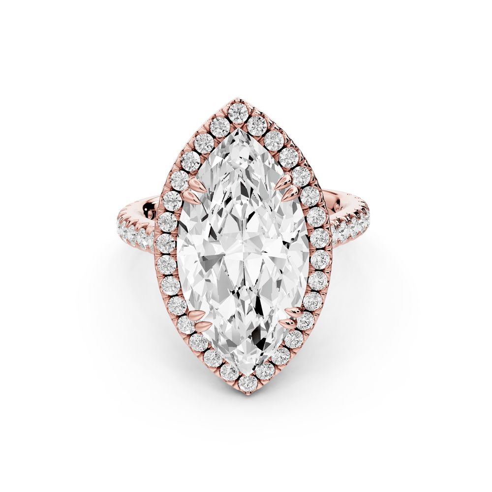 Marcella - 5ct 18k rose gold marquise halo double talon prong cathedral pavé engagement ring - Mr. Alex Jewelry