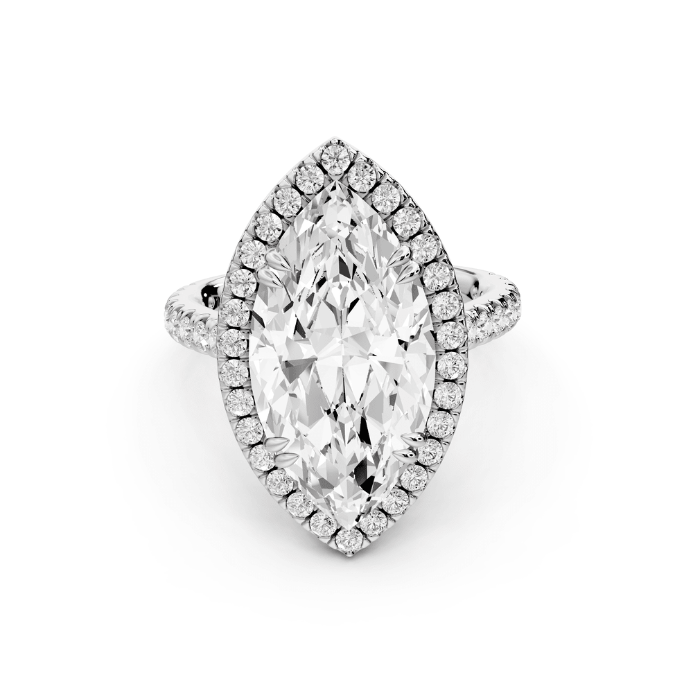 Marcella - 5ct 18k white gold marquise halo double talon prong cathedral pavé engagement ring - Mr. Alex Jewelry