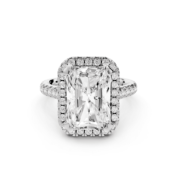 Marcella - 5ct 18k white gold radiant halo double talon prong cathedral pavé engagement ring - Mr. Alex Jewelry