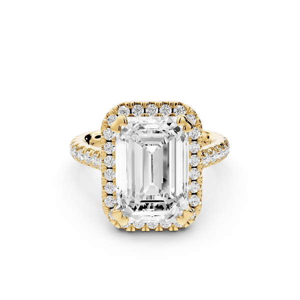 Marcella - 5ct 18k yellow gold emerald halo double talon prong cathedral pavé engagament ring - Mr. Alex Jewelry