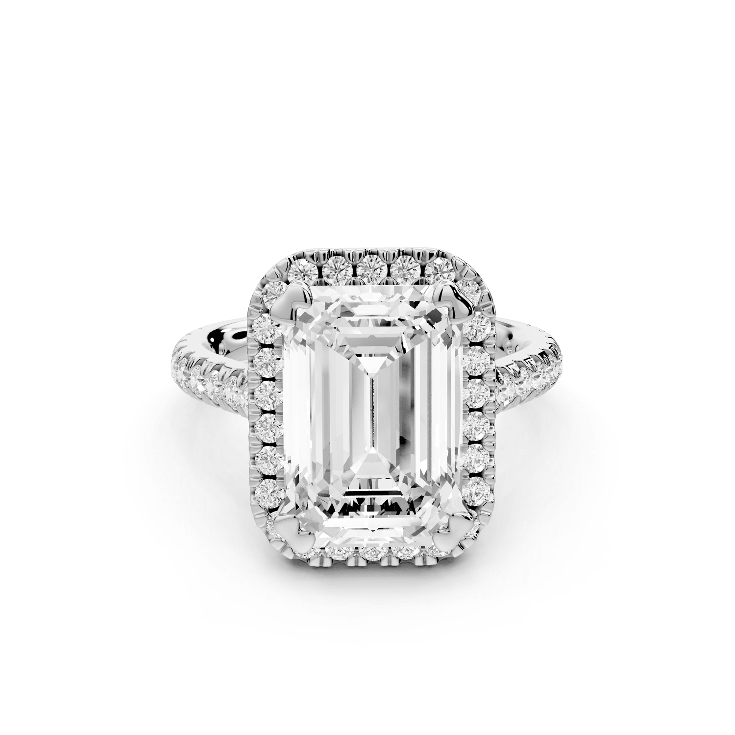 Marcella - 5ct platinum emerald halo double talon prong cathedral pavé engagament ring - Mr. Alex Jewelry
