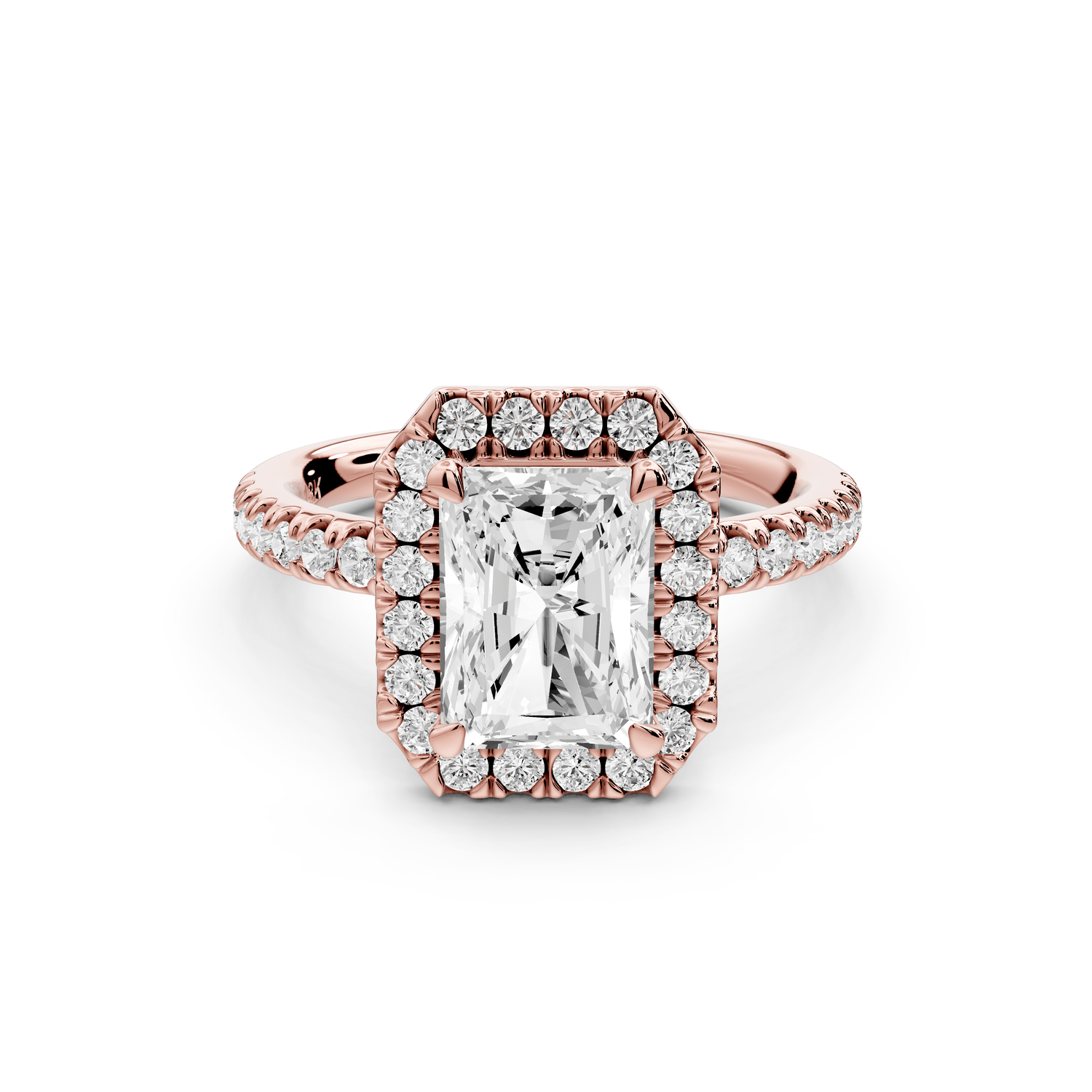 Marina - 2ct 14k rose gold radiant halo pavé half band engagement ring - Mr. Alex Jewelry