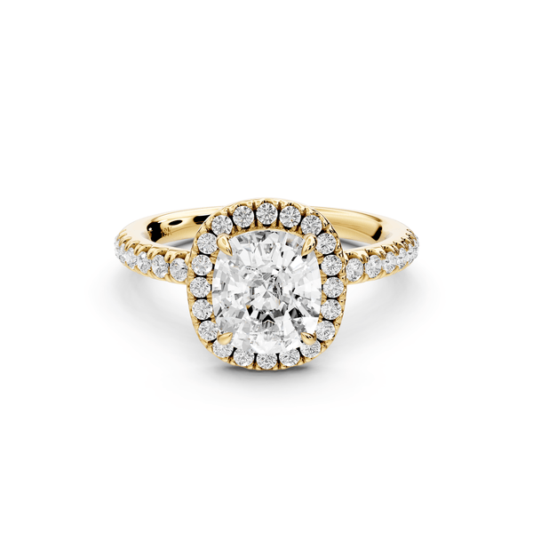 Marina - 2ct 14k yellow gold ecushion halo pavé half band engagement ring - Mr. Alex Jewelry