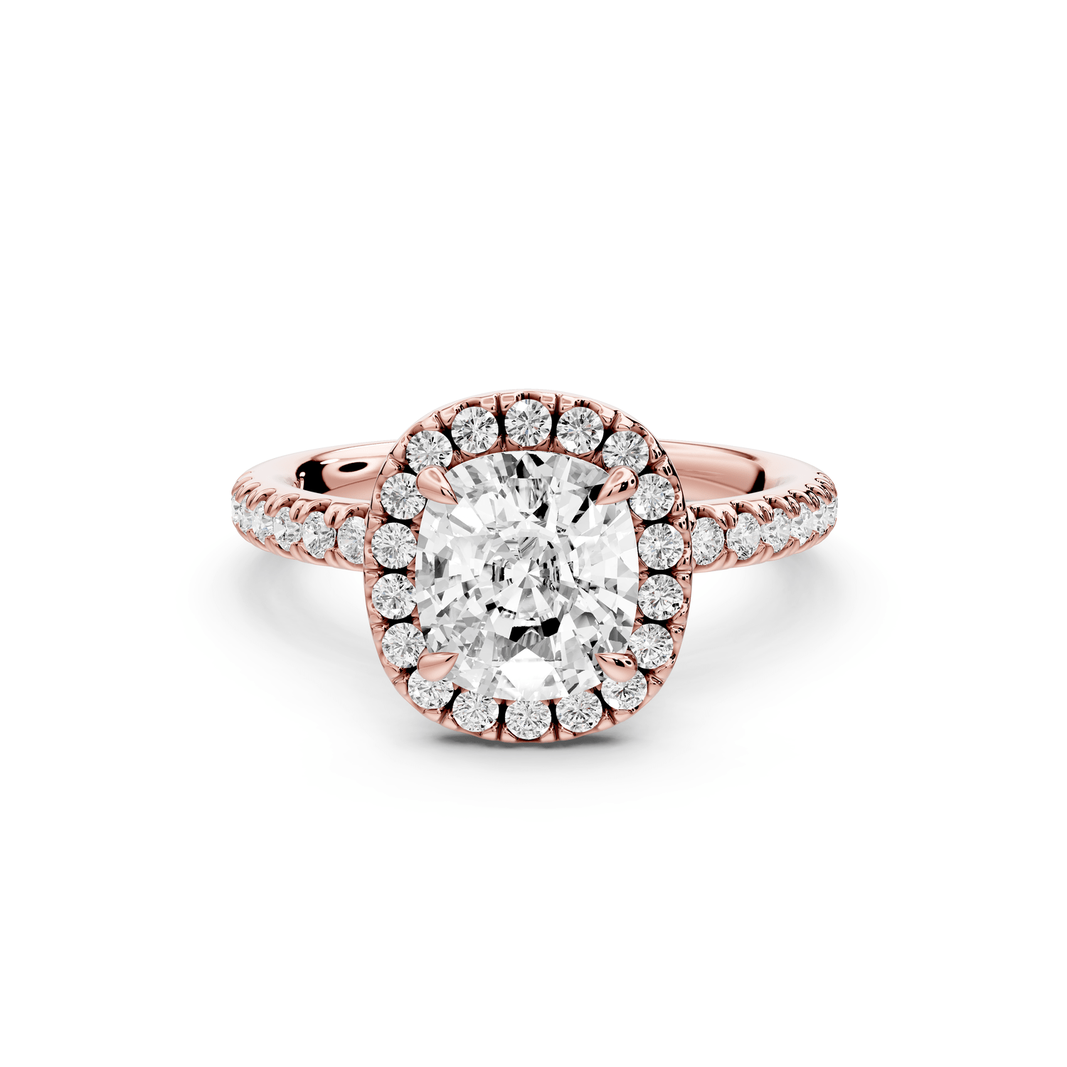 Marina - 2ct 18k rose gold cushion halo pavé half band engagement ring - Mr. Alex Jewelry