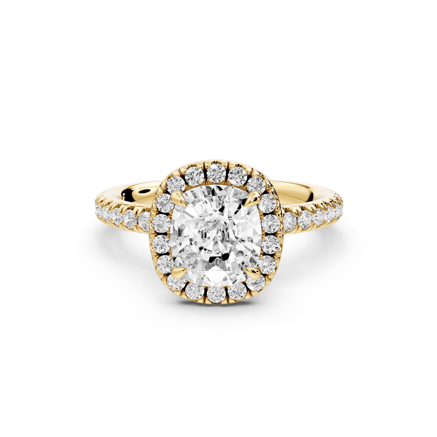 Marina - 2ct 18k yellow gold cushion halo pavé half band engagement ring - Mr. Alex Jewelry