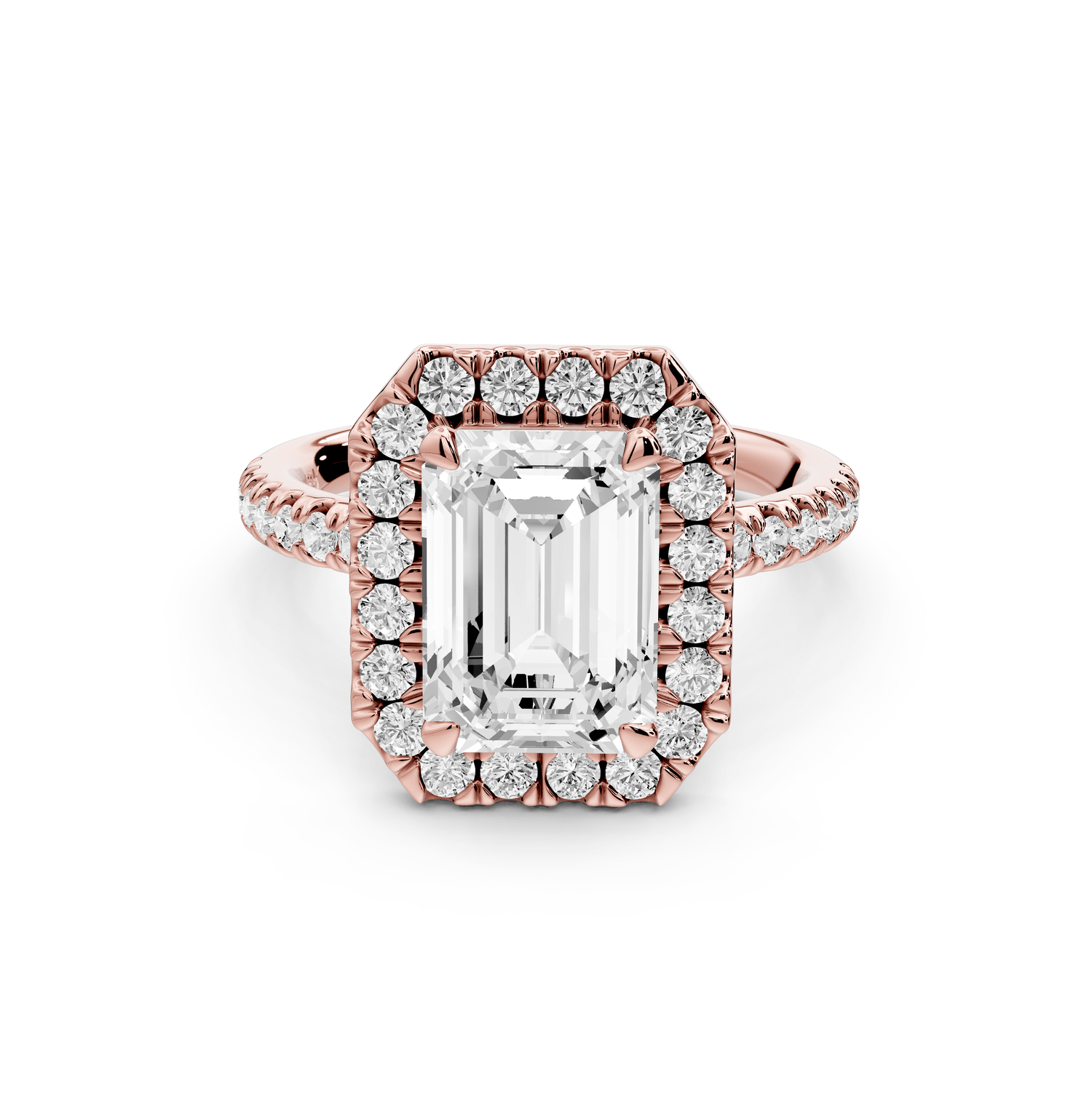 Marina - 3ct 14k rose gold radiant halo pavé half band engagement ring - Mr. Alex Jewelry