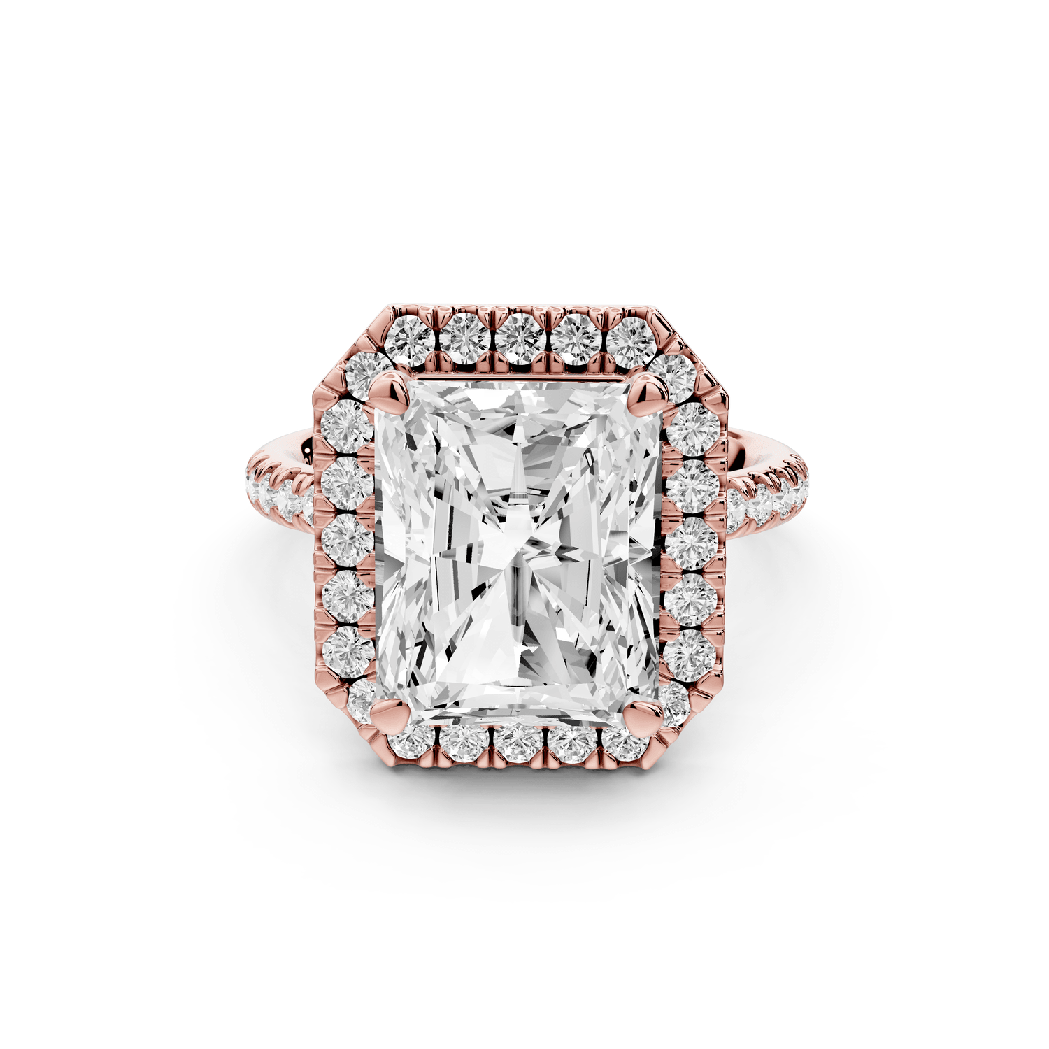 Marina - 5ct 18k rose gold radiant halo pavé half band engagement ring - Mr. Alex Jewelry