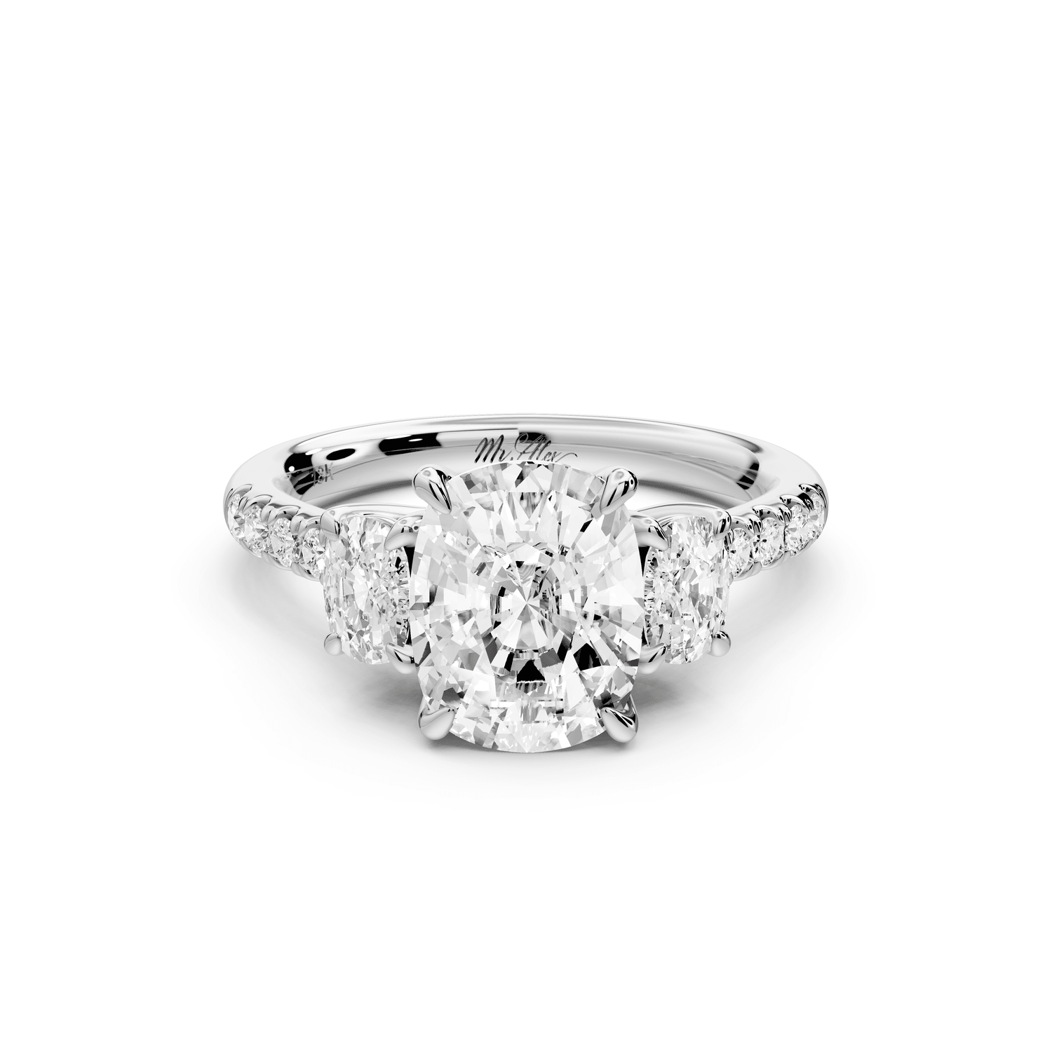 Mia - 2ct 14k white gold ecushion Trellis Basket Diamond Pavé half band Engagement Ring - Mr. Alex Jewelry
