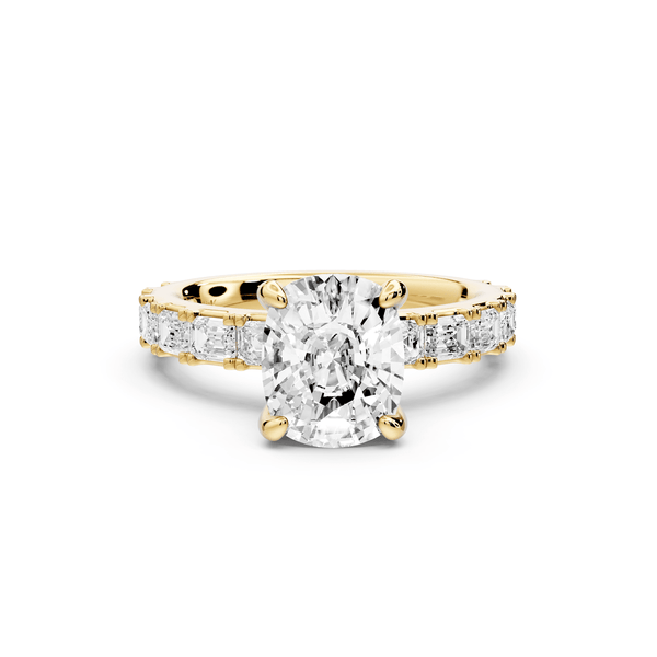 Nadia - 2ct 14k yellow gold ecushion diamond with east - west emerald cut accent stones engagement ring - Mr. Alex Jewelry