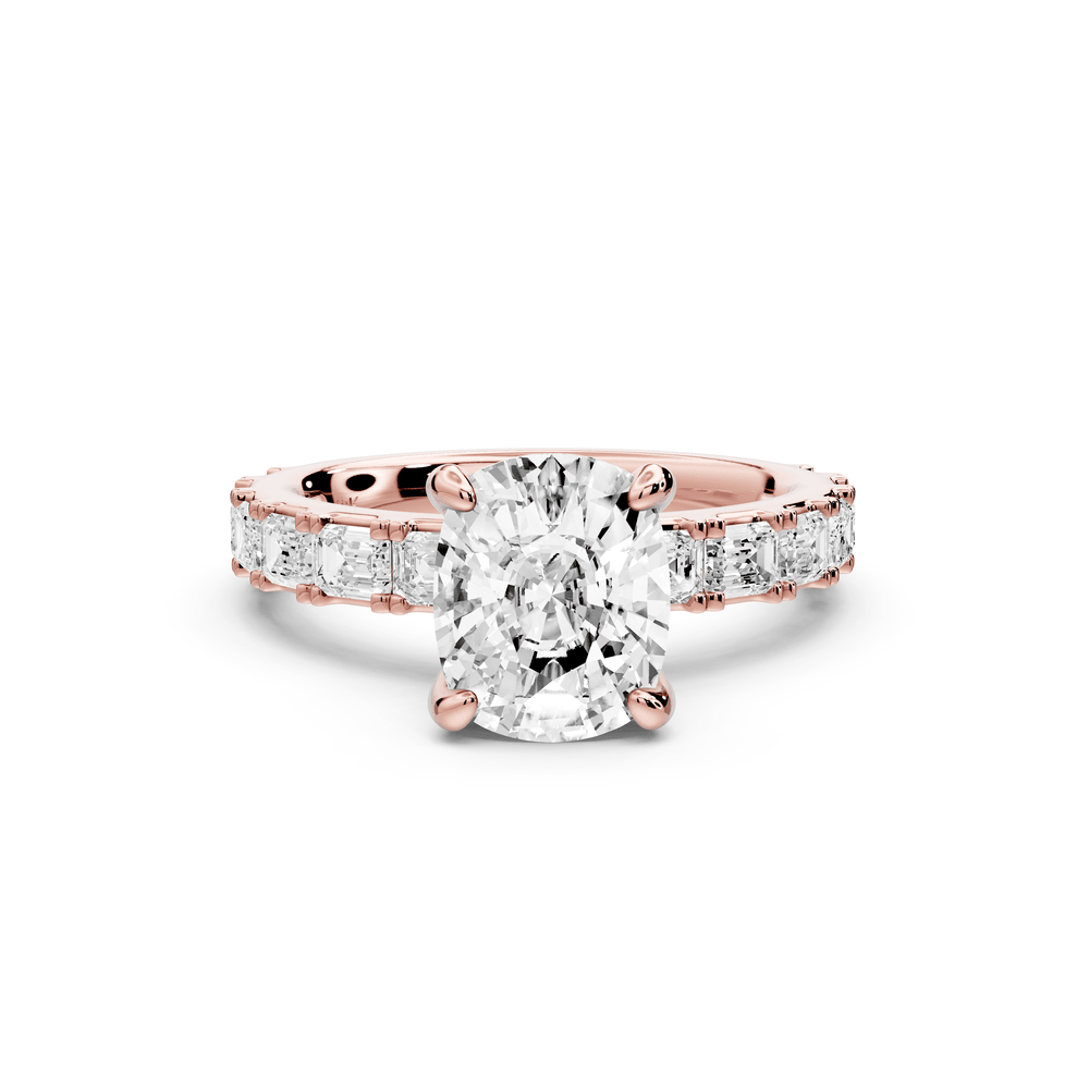 Nadia - 2ct 18k rose gold ecushion diamond with east - west emerald cut accent stones engagement ring - Mr. Alex Jewelry