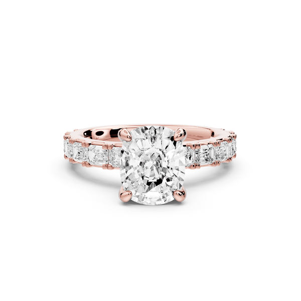 Nadia - 2ct 18k rose gold ecushion diamond with east - west emerald cut accent stones engagement ring - Mr. Alex Jewelry