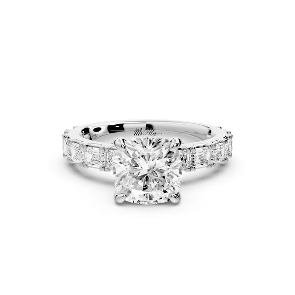 Nadia - 2ct 18k white gold cushion diamond with east - west emerald cut accent stones engagement ring - Mr. Alex Jewelry
