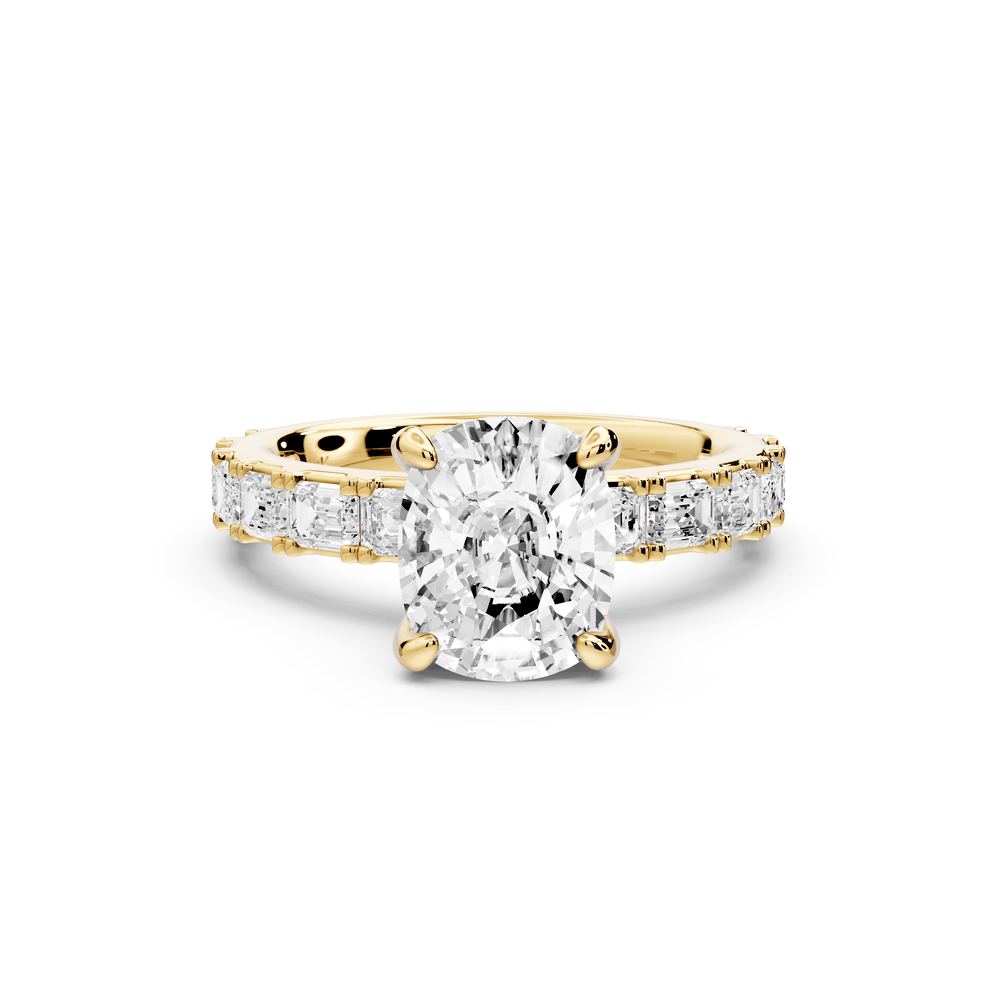 Nadia - 2ct 18k yellow gold ecushion diamond with east - west emerald cut accent stones engagement ring - Mr. Alex Jewelry