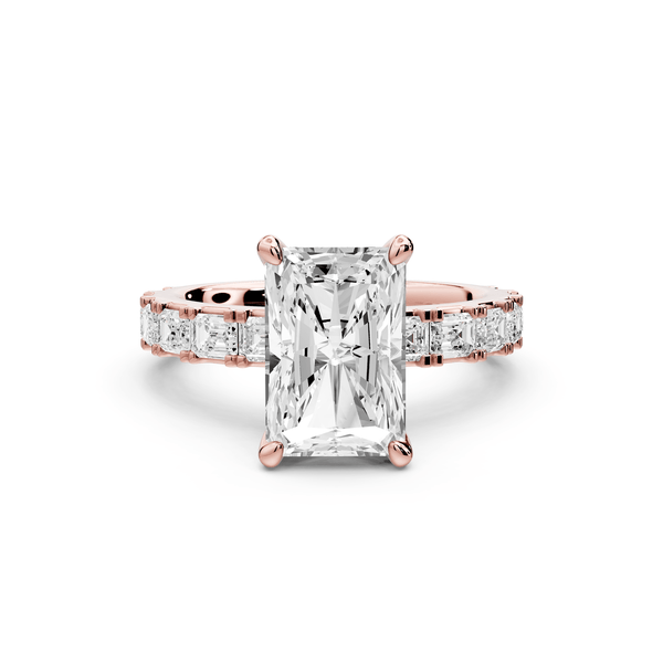 Nadia - 3ct 14k rose gold radiant diamond with east - west emerald cut accent stones engagement ring - Mr. Alex Jewelry