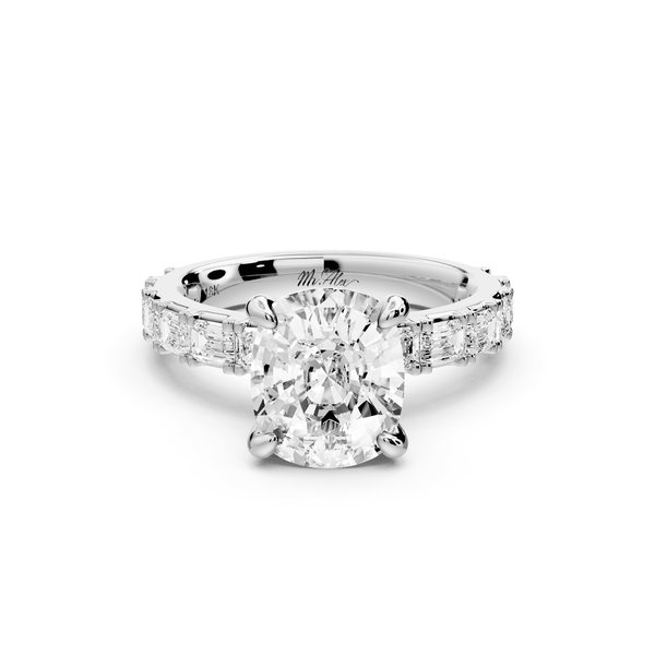 Nadia - 3ct 14k white gold ecushion diamond with east - west emerald cut accent stones engagement ring - Mr. Alex Jewelry