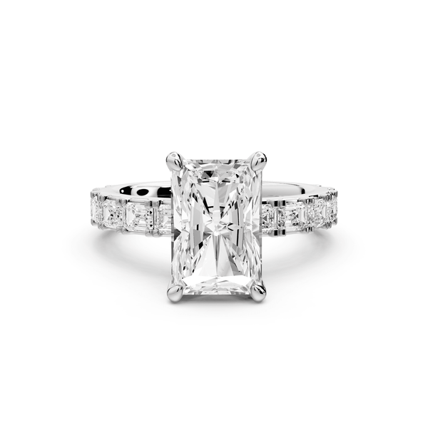 Nadia - 3ct 14k white gold radiant diamond with east - west emerald cut accent stones engagement ring - Mr. Alex Jewelry