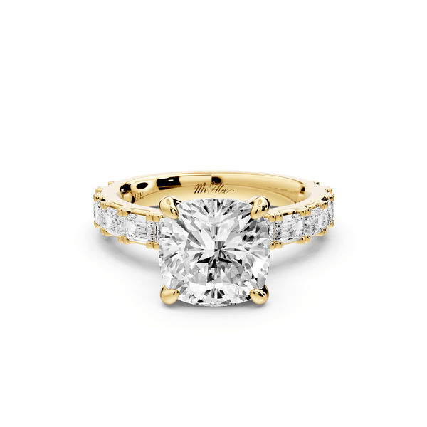 Nadia - 3ct 14k yellow gold cushion diamond with east - west emerald cut accent stones engagement ring - Mr. Alex Jewelry