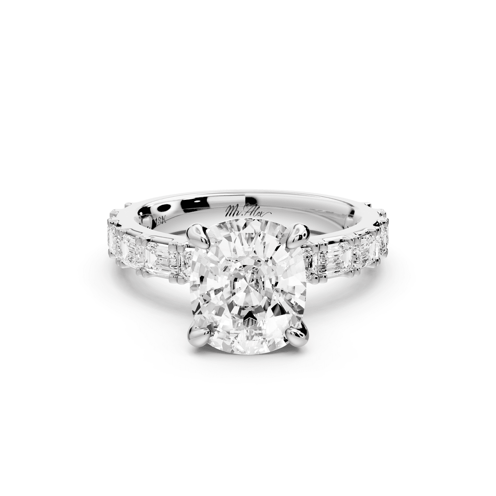 Nadia - 3ct 18k white gold ecushion diamond with east - west emerald cut accent stones engagement ring - Mr. Alex Jewelry