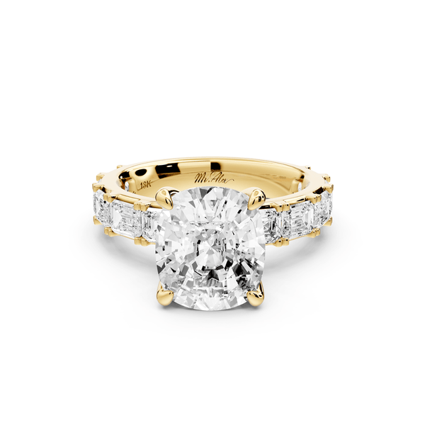 Nadia - 4ct 14k yellow gold ecushion diamond with east - west emerald cut accent stones engagement ring - Mr. Alex Jewelry