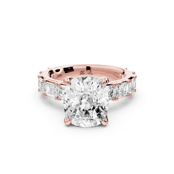 Nadia - 4ct 18k rose gold ecushion diamond with east - west emerald cut accent stones engagement ring - Mr. Alex Jewelry
