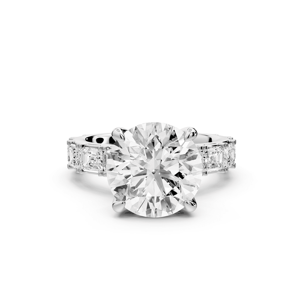 Nadia - 4ct platinum round diamond with east - west emerald cut accent stones engagement ring - Mr. Alex Jewelry