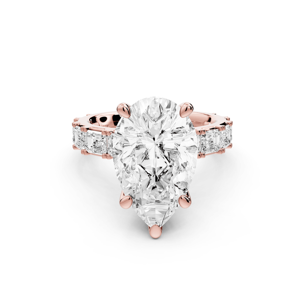 Nadia - 5ct 18k rose gold pear diamond with east - west emerald cut accent stones engagament ring - Mr. Alex Jewelry