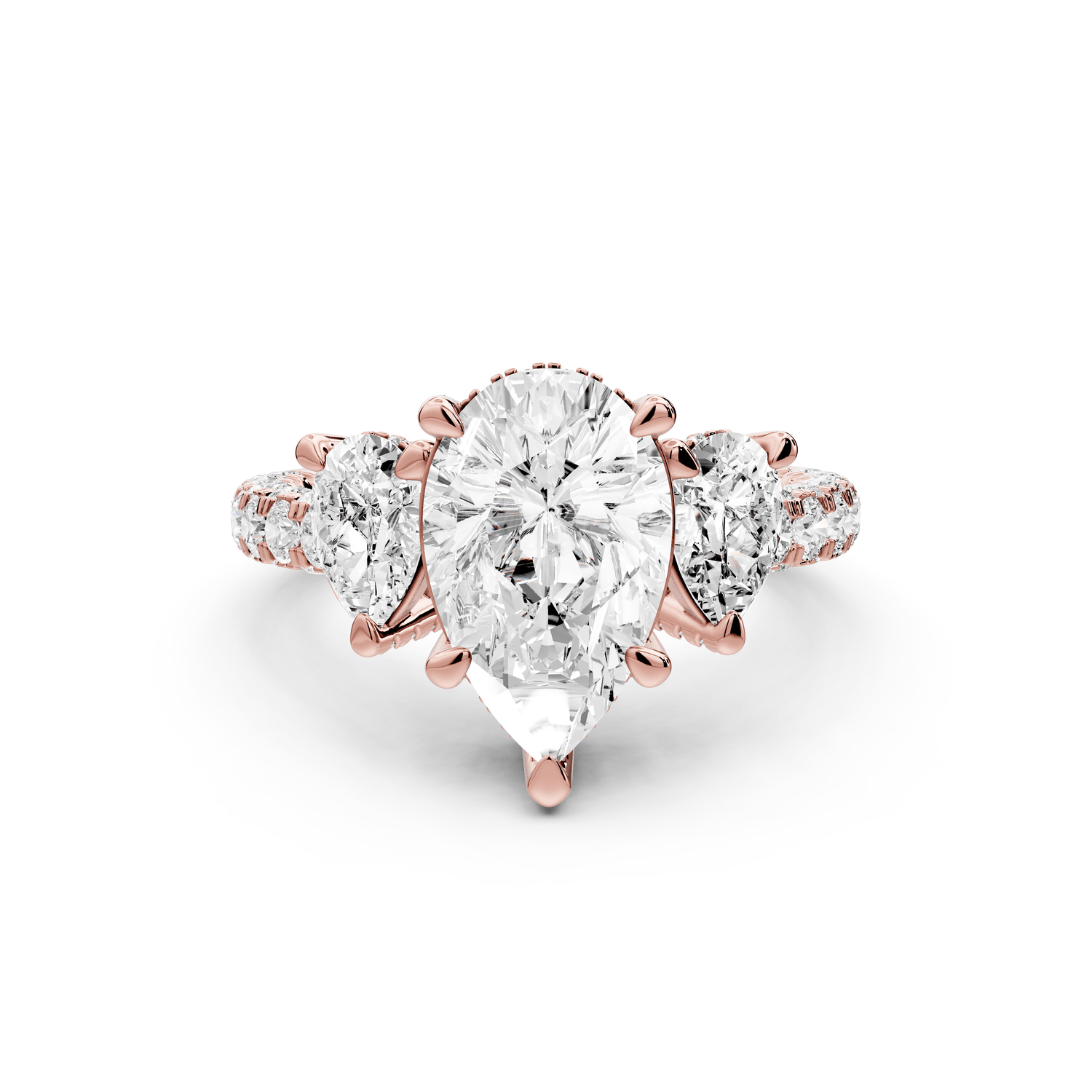 Neta - 2ct 14k rose gold Pear Hidden Halo Three-Stone Engagement Ring with Pavé Band - Mr. Alex Jewelry