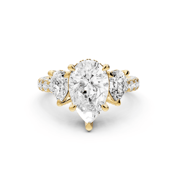 Neta - 2ct 18k yellow gold Pear Hidden Halo Three-Stone Engagement Ring with Pavé Band - Mr. Alex Jewelry