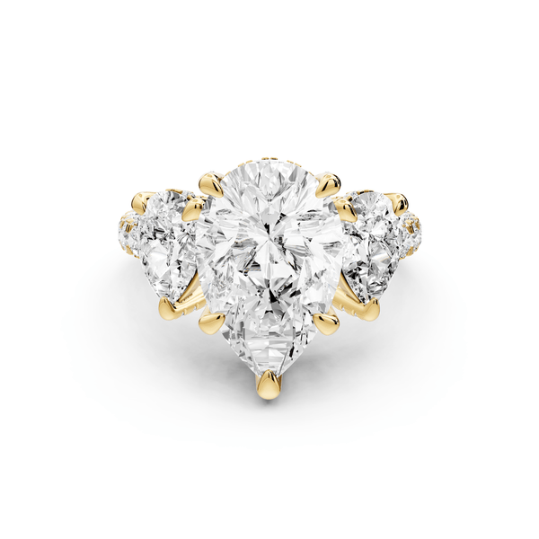 Neta - 3ct 18k yellow gold Pear Hidden Halo Three-Stone Engagement Ring with Pavé Band - Mr. Alex Jewelry