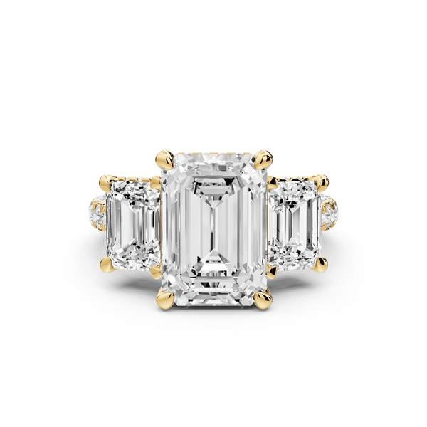 Neta - 4ct 18k yellow gold Emerald Hidden Halo Three-Stone Engagement Ring with Pavé Band - Mr. Alex Jewelry