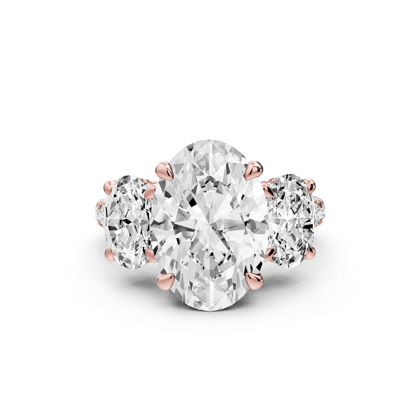 Neta - 5ct 18k rose gold Oval Hidden Halo Three-Stone Engagement Ring with Pavé Band - Mr. Alex Jewelry