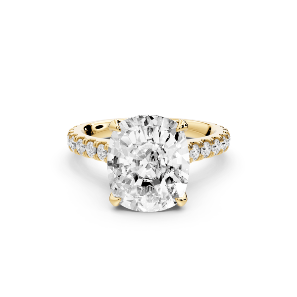 Odette - 5ct 14k yellow gold ecushion Diamond Engagement Ring with Pavé Band & Hidden Halo - Mr. Alex Jewelry