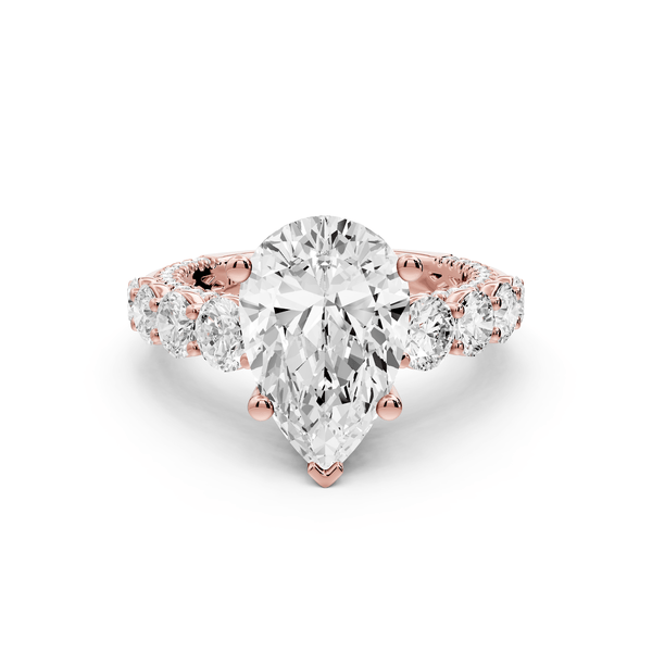 Rocio - 3ct 18k rose gold Pear Hidden Halo Engagement Ring with Graduated Side Stones and Double Pavé Band - Mr. Alex Jewelry