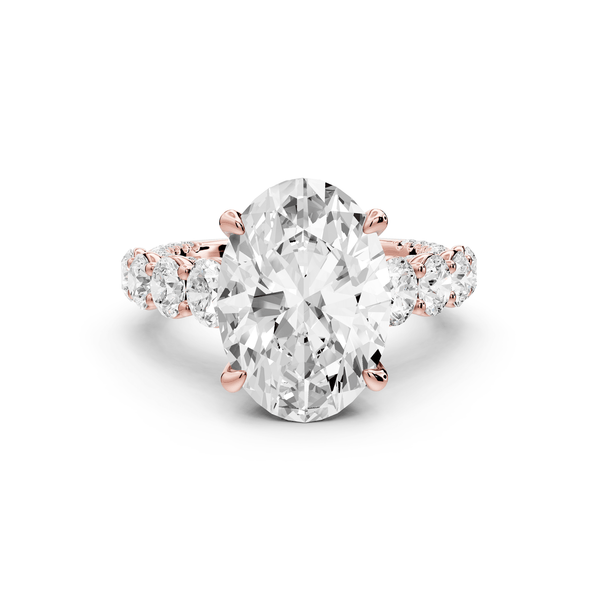 Rocio - 5ct 14k rose gold Oval Hidden Halo Engagement Ring with Graduated Side Stones and Double Pavé Band - Mr. Alex Jewelry