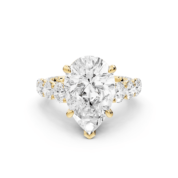 Rocio - 5ct 18k yellow gold Pear Hidden Halo Engagement Ring with Graduated Side Stones and Double Pavé Band - Mr. Alex Jewelry
