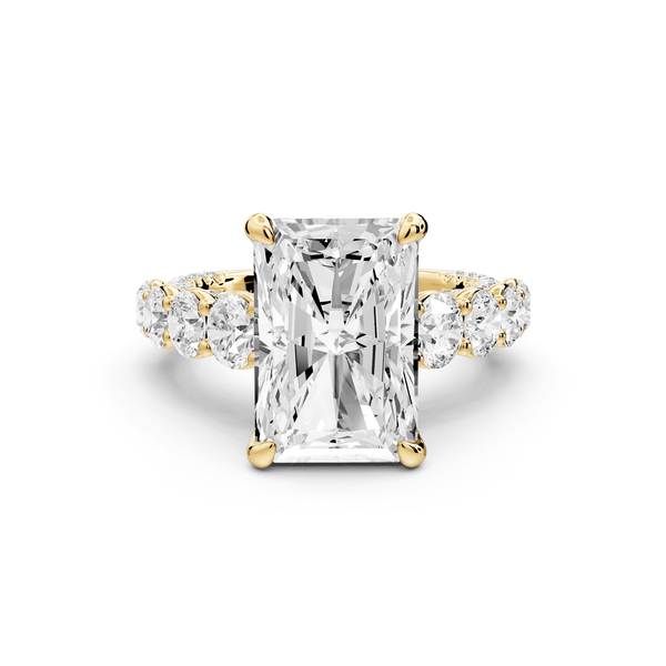 Rocio - 5ct 18k yellow gold Radiant Hidden Halo Engagement Ring with Graduated Side Stones and Double Pavé Band - Mr. Alex Jewelry