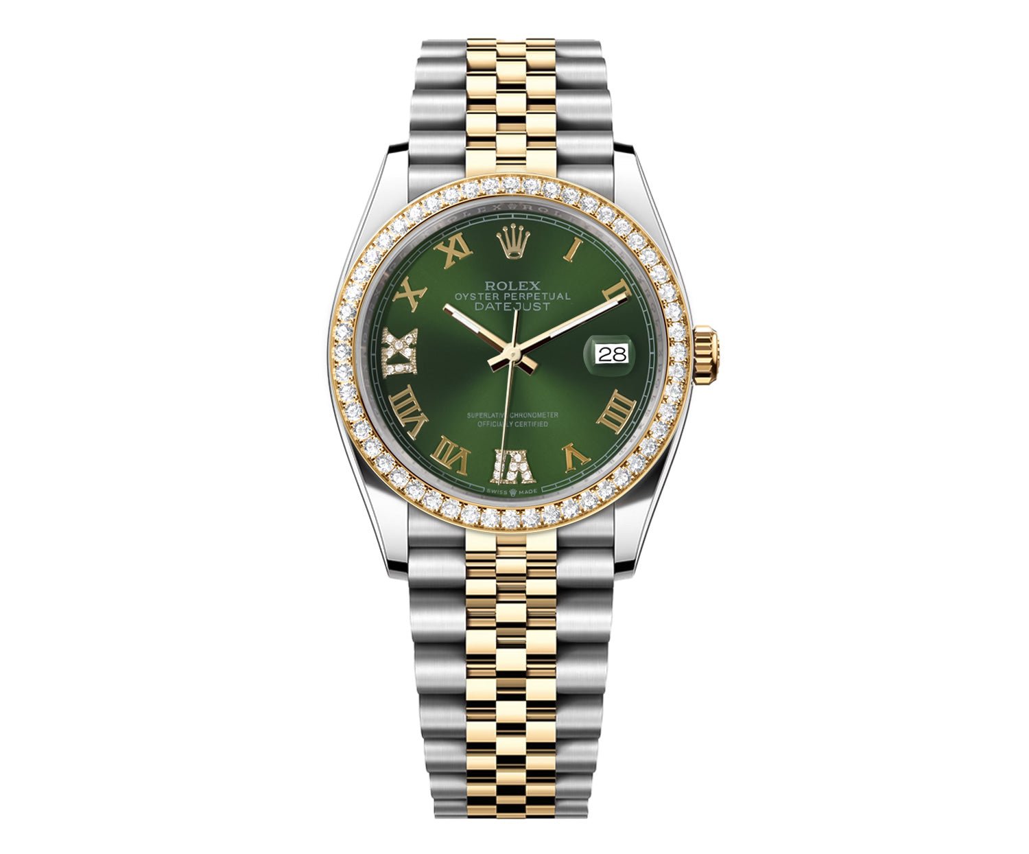 Rolex DateJust 36mm Green Roman Diamond Dial - Diamond Bezel - Mr. Alex Jewelry