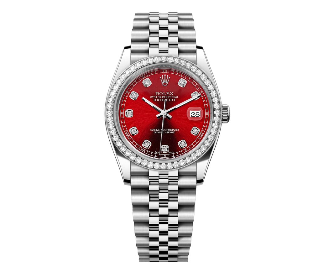 Rolex DateJust 36mm Jubilee-Red Dial-Diamond Bezel 1.50ct - Mr. Alex Jewelry