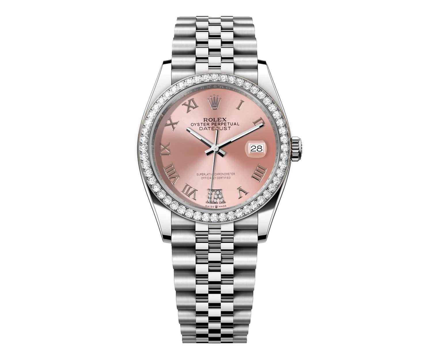 Rolex DateJust 36mm Pink Roman Diamond Dial - Diamond Bezel - Mr. Alex Jewelry