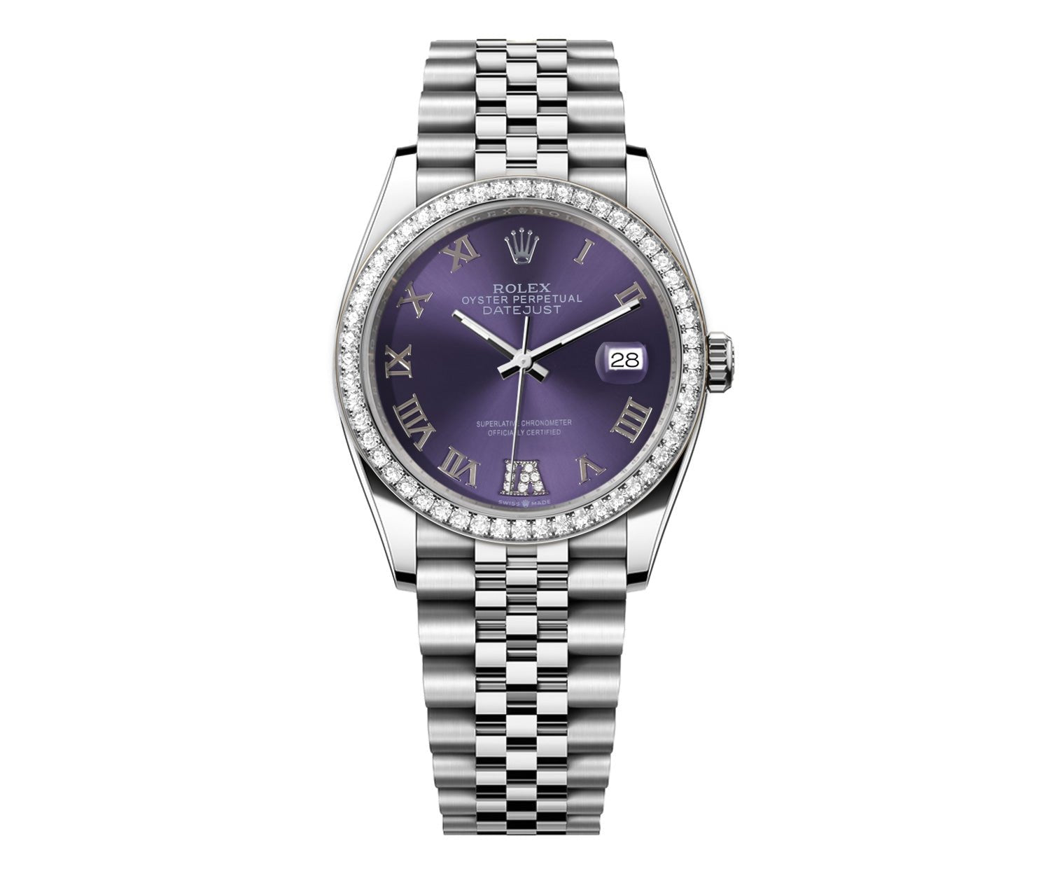 Rolex DateJust 36mm Purple Roman Diamond Dial - Diamond Bezel - Mr. Alex Jewelry