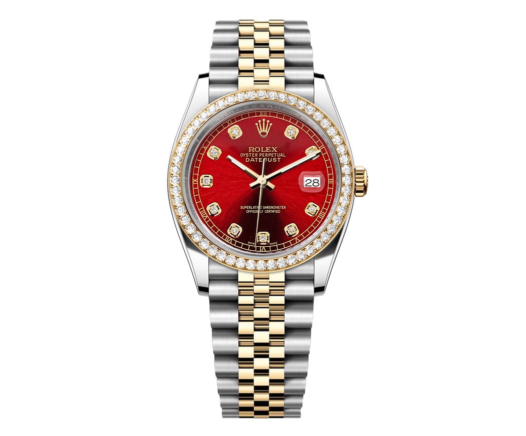 Rolex DateJust 36mm Red Gem Dial-Diamond Bezel 1.50ct - Mr. Alex Jewelry