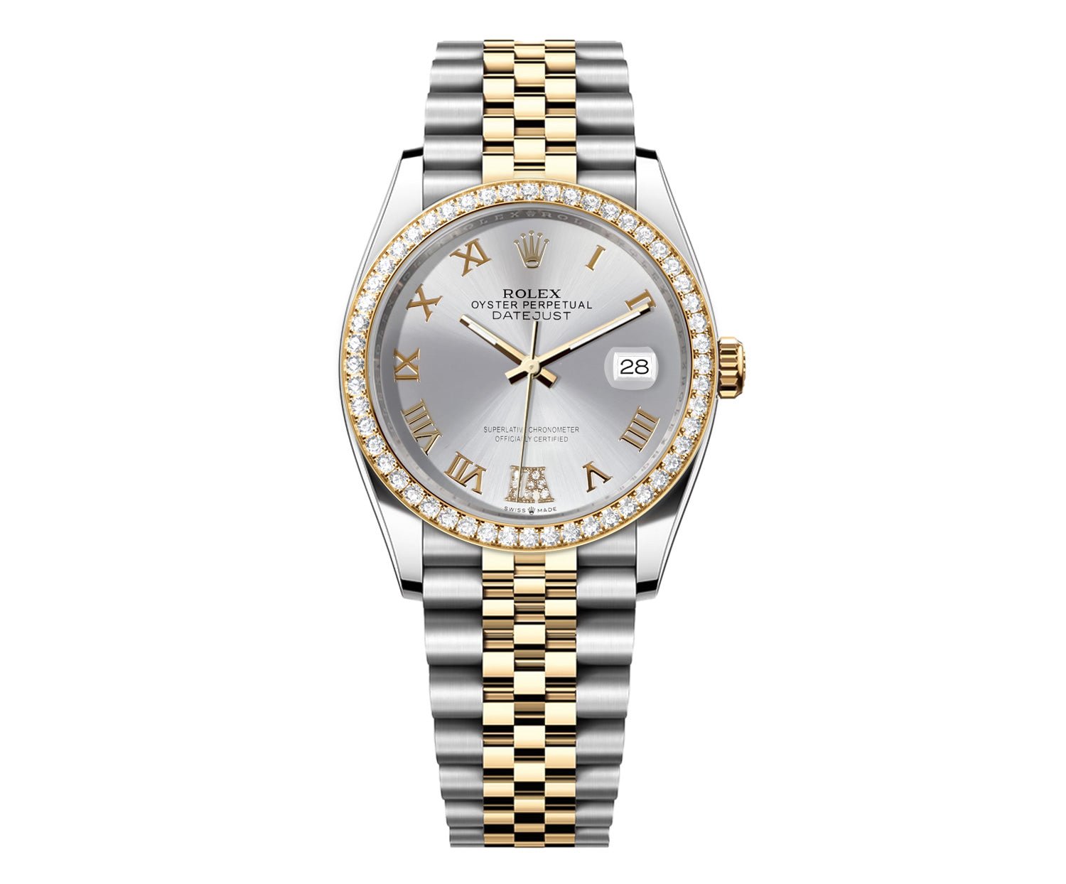 Rolex DateJust 36mm Silver Roman Diamond Dial - Diamond Bezel - Mr. Alex Jewelry