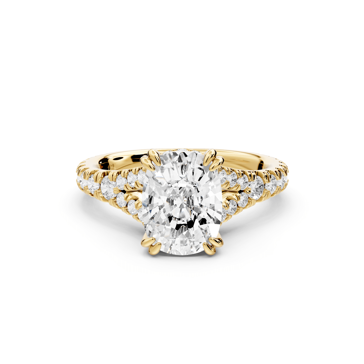 Rosalie - 2ct 14k yellow gold ecushion Pavé Cathedral Hidden Halo with Diamond Bridge split shank Engagement Ring - Mr. Alex Jewelry