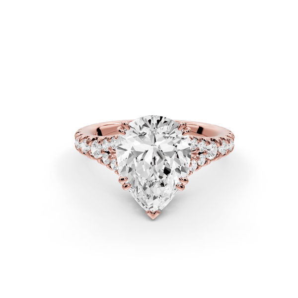 Rosalie - 2ct 18k rose gold pear Pavé Cathedral Hidden Halo with Diamond Bridge split shank Engagement Ring - Mr. Alex Jewelry