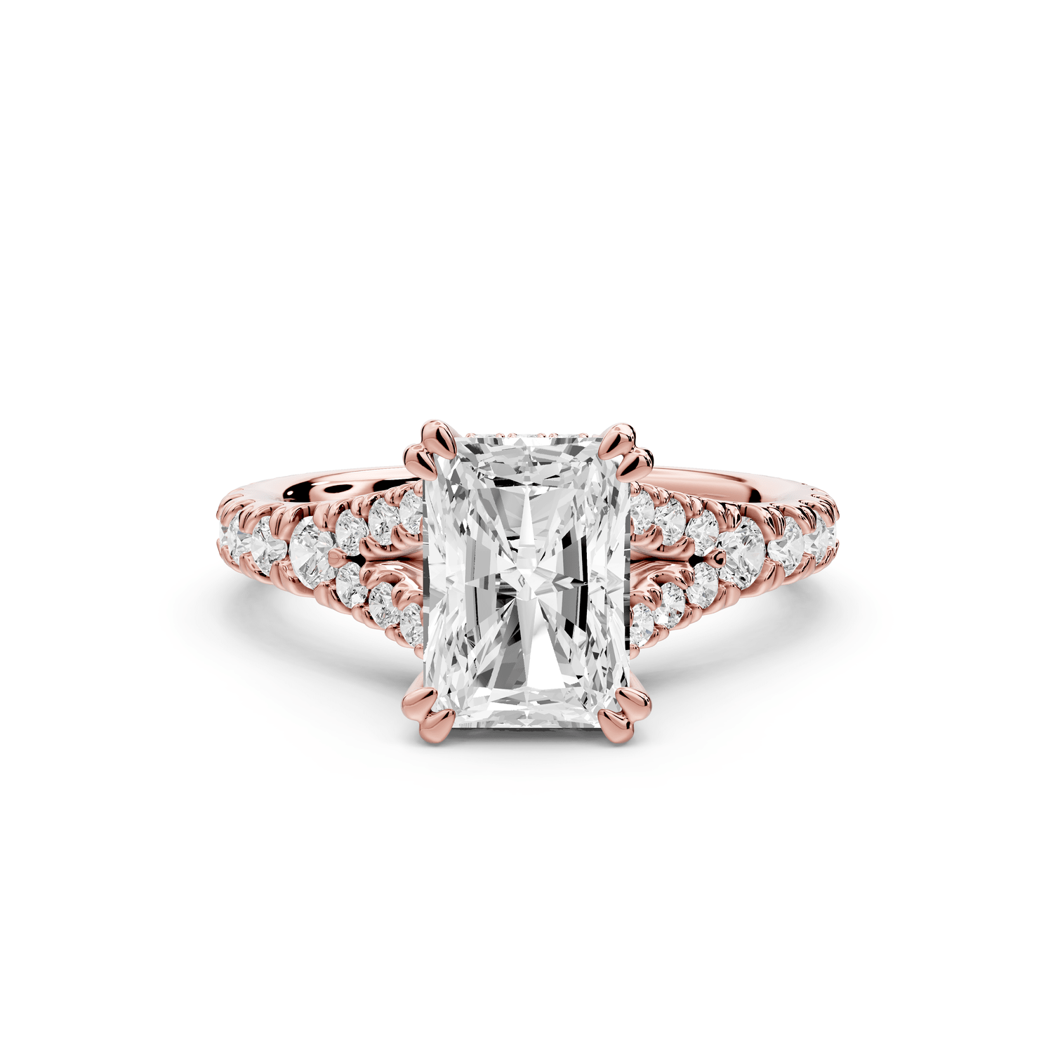 Rosalie - 2ct 18k rose gold radiant Pavé Cathedral Hidden Halo with Diamond Bridge split shank Engagement Ring - Mr. Alex Jewelry