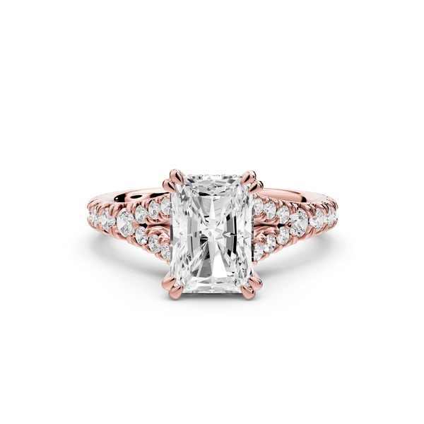Rosalie - 2ct 18k rose gold radiant Pavé Cathedral Hidden Halo with Diamond Bridge split shank Engagement Ring - Mr. Alex Jewelry