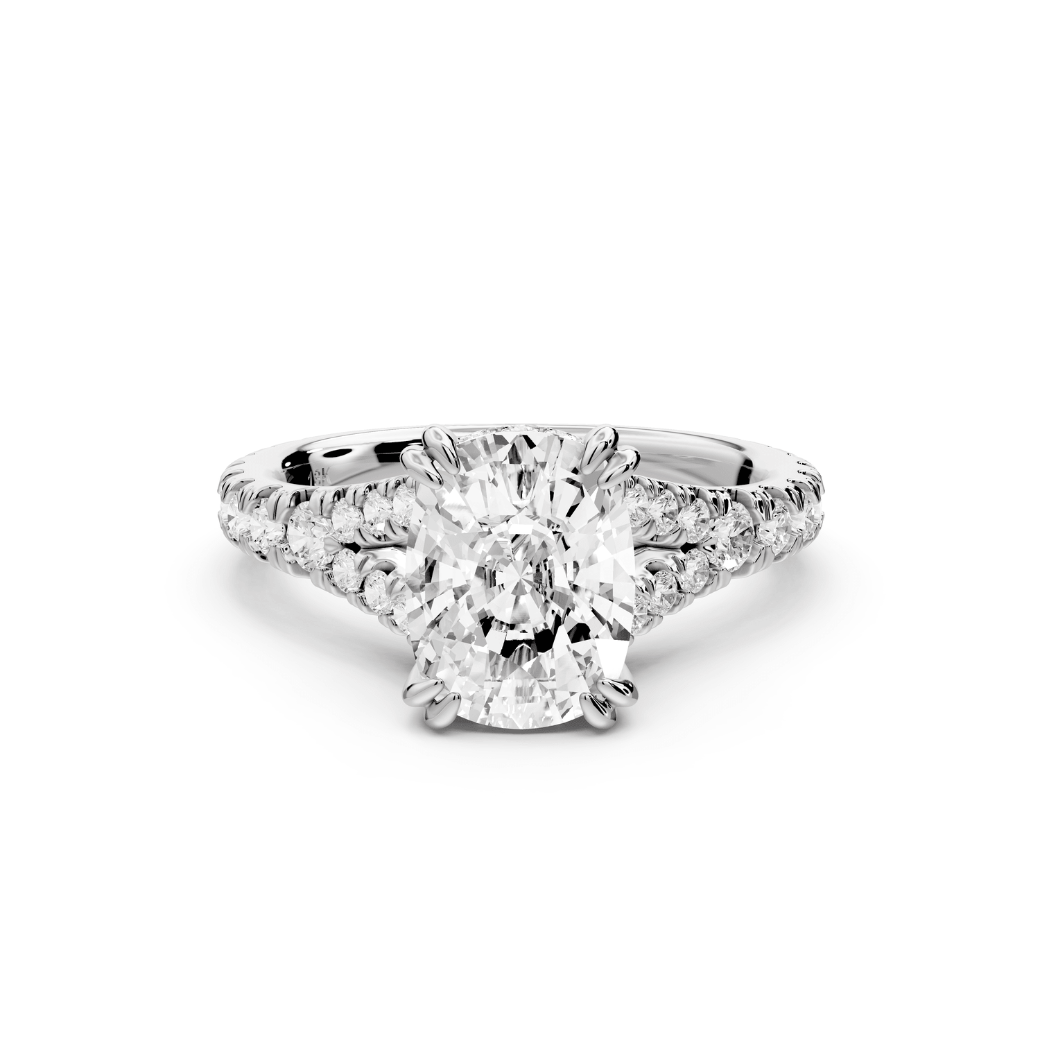 Rosalie - 2ct 18k white gold ecushion Pavé Cathedral Hidden Halo with Diamond Bridge split shank Engagement Ring - Mr. Alex Jewelry